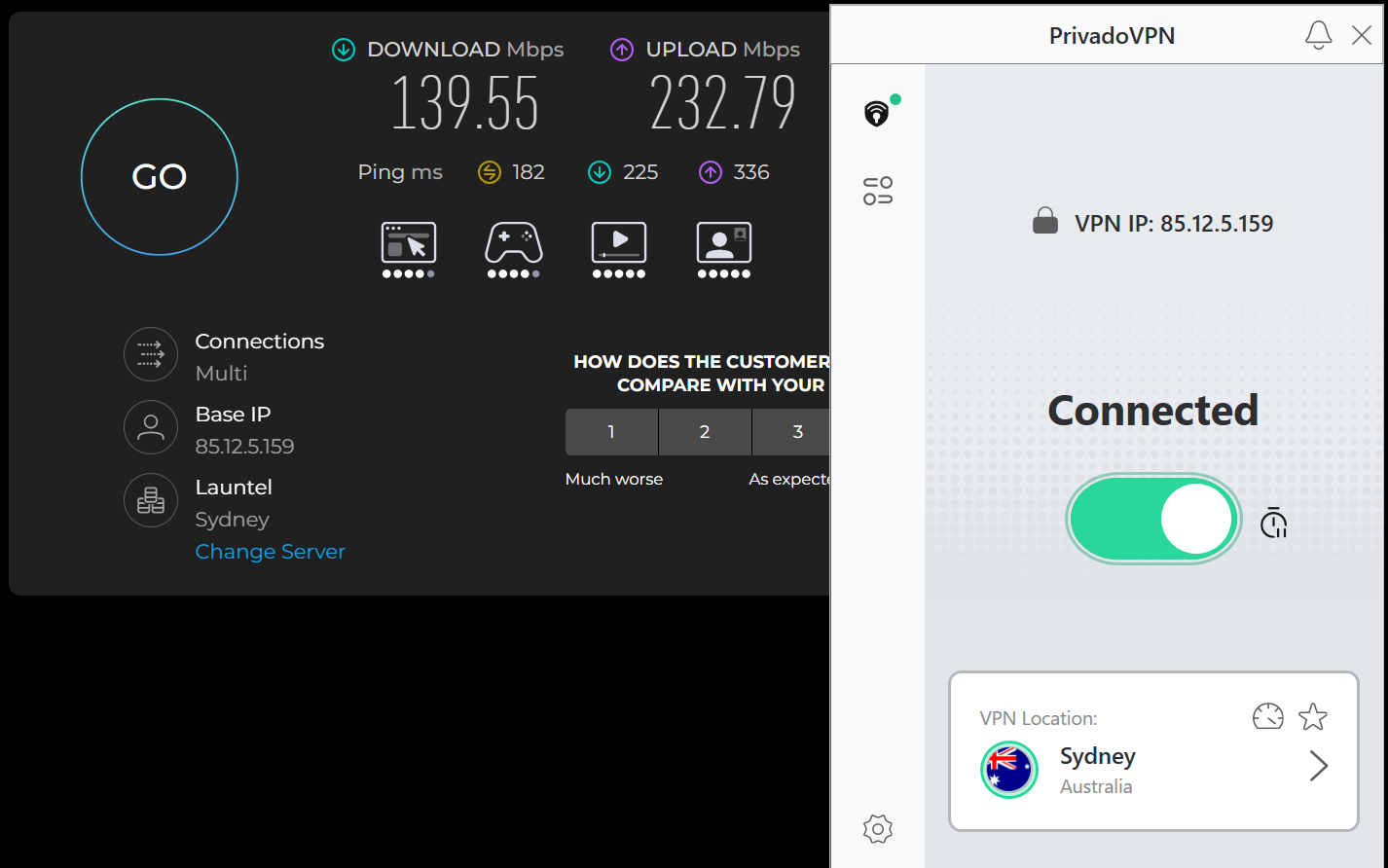Speed test results for PrivadoVPN while connected to a server in Sydney (139.55 download, 232.79 upload, 182 ping)