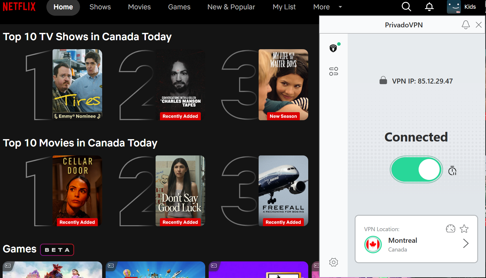 Netflix lists of top shows and movies in Canada side-by-side with PrivadoVPN 