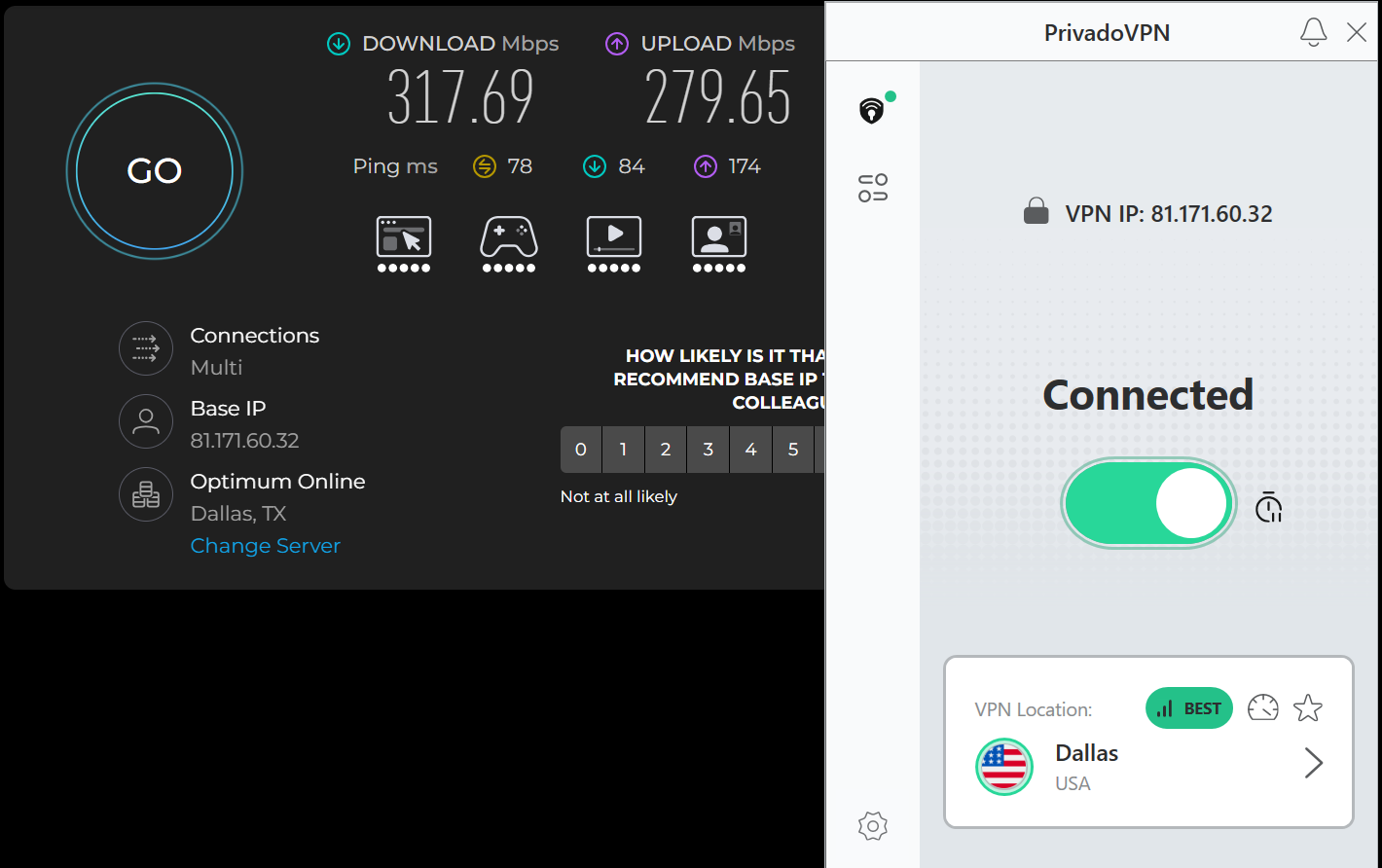 Speed test results for PrivadoVPN while connected to a server in Dallas (317.69 download, 279.65 upload, 78 ping)
