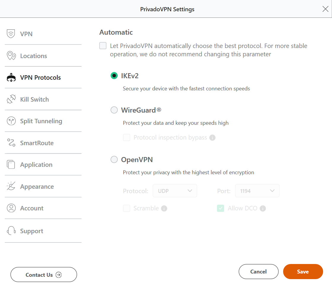 PrivadoVPN VPN protocols settings