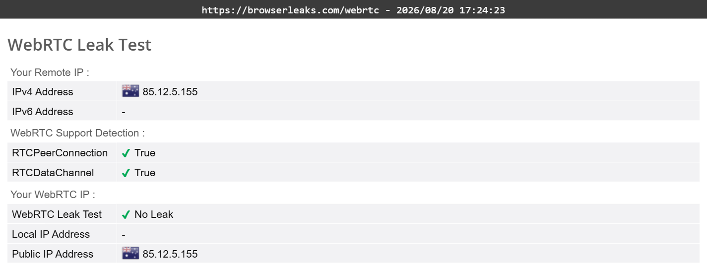 PrivadoVPN's DNS leak test results (pass)