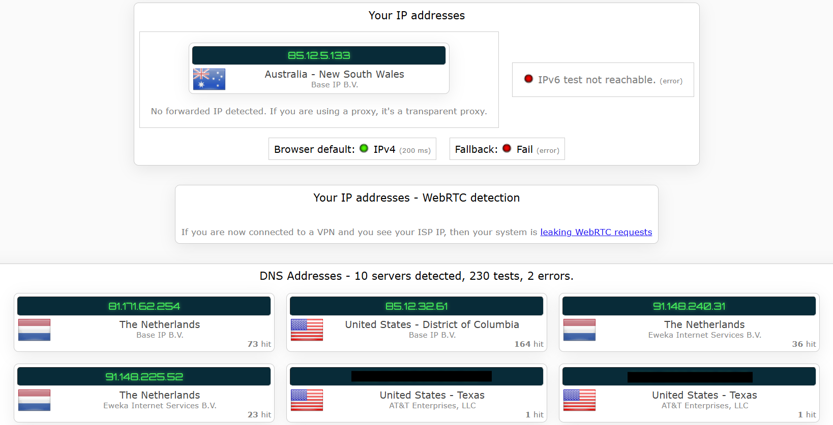 PrivadoVPN's kill switch test results (failed)