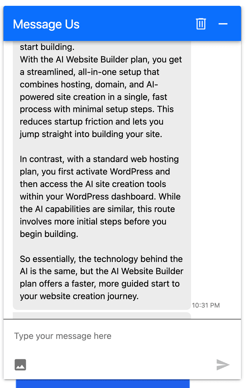 Bluehost support explaining the WordPress site builder vs. AI WordPress builder