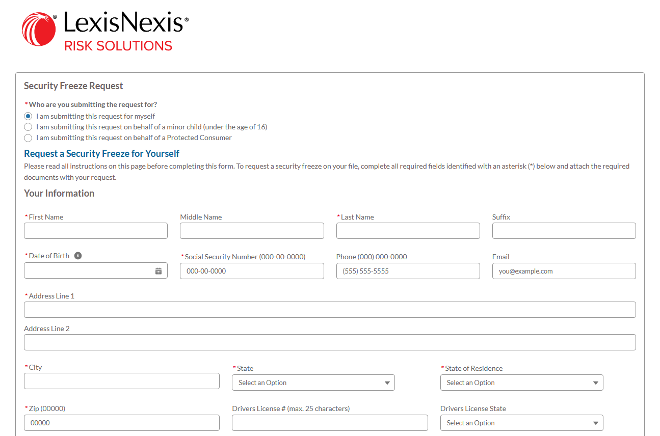 LexisNexis security freeze form requests your personal information