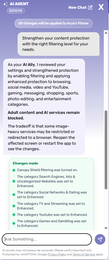 Conversation with AI Ally to strengthen content protection on Canopy