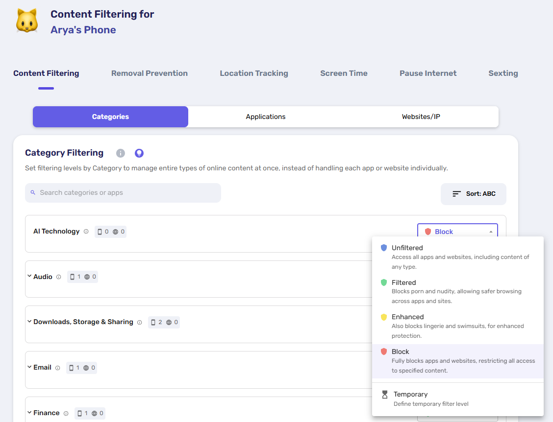 Canopy parent dashboard open on Content Filtering tab