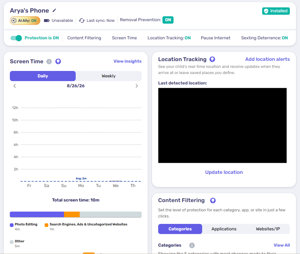Canopy dashboard showing screen time, location tracking, and content filtering
