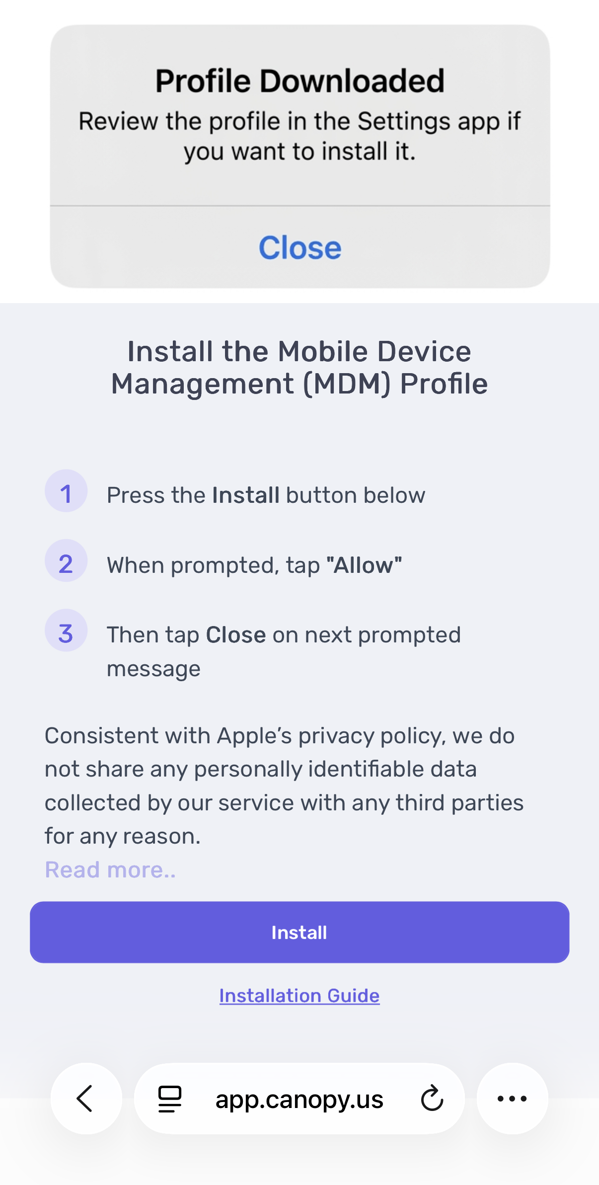 Instructions from Canopy to install the Mobile Device Management Profile on iOS