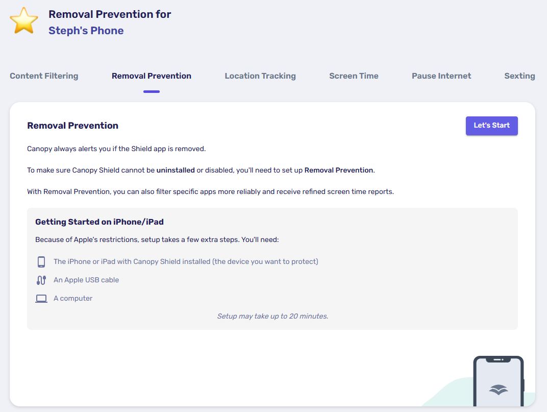 Canopy parent dashboard open on Removal Prevention tab with getting started instructions
