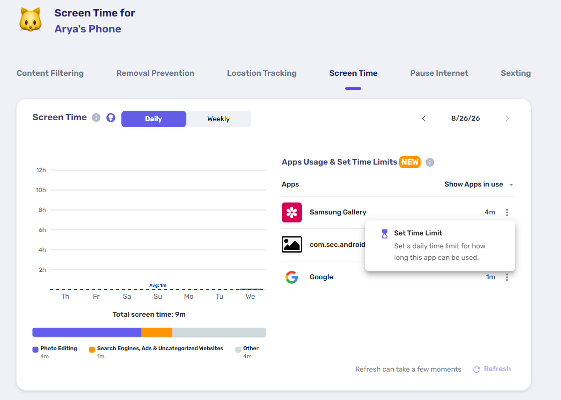 Canopy parent dashboard on screen time tab