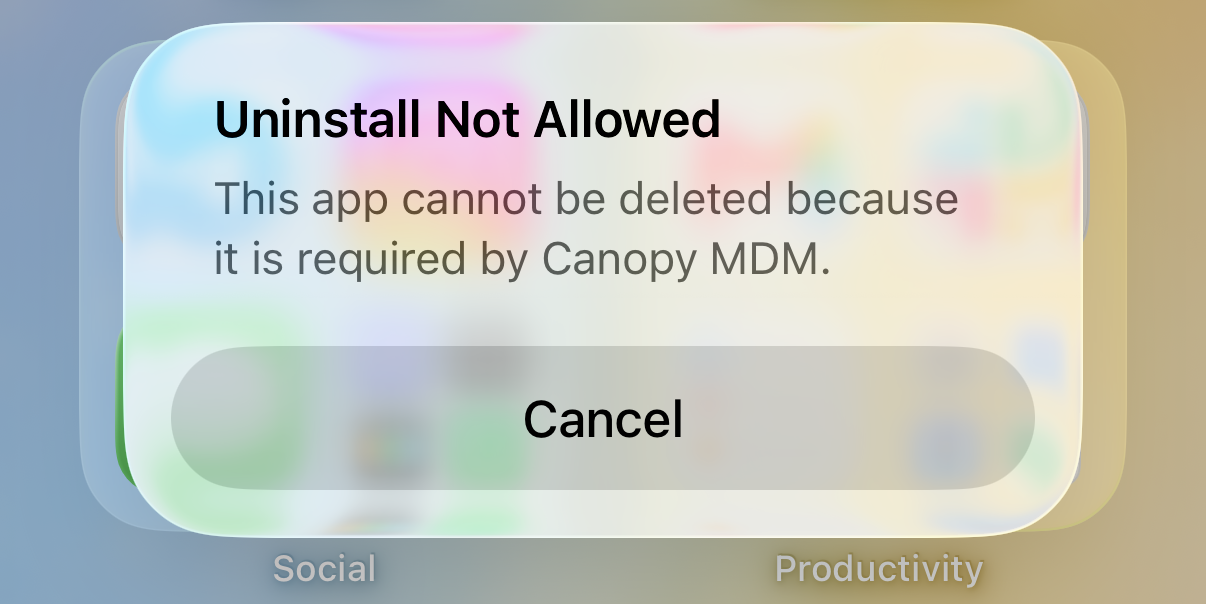 Uninstall warning after trying to delete Canopy app from iPhone