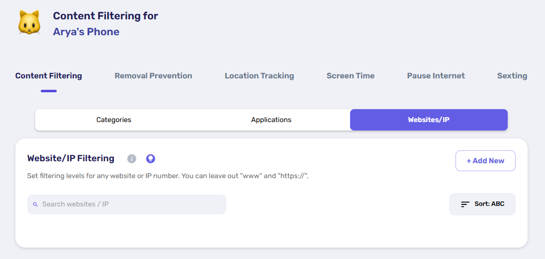 Canopy parent dashboard open on Website/IP Content Filtering tab