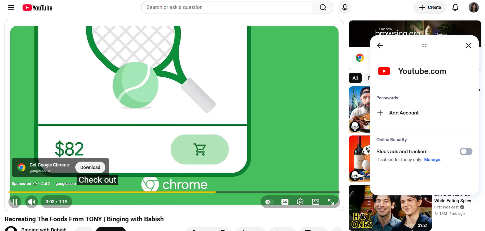A YouTube pre-roll ad with the paused Aura Ad Blocker extension in the foreground