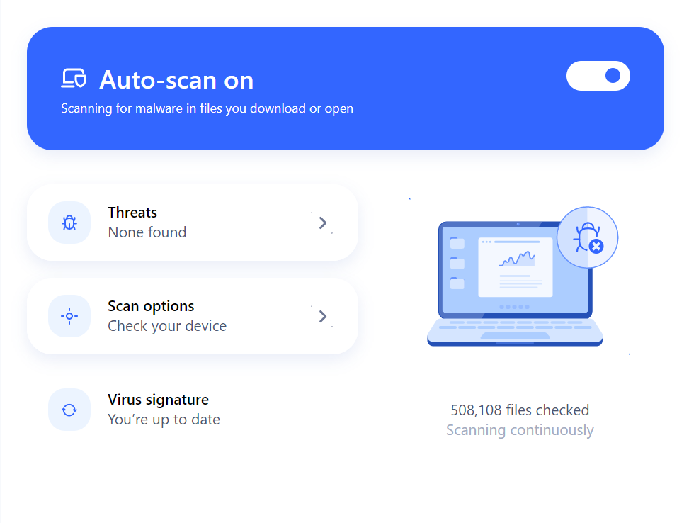Aura Antivirus main dashboard, Auto Scan feature on