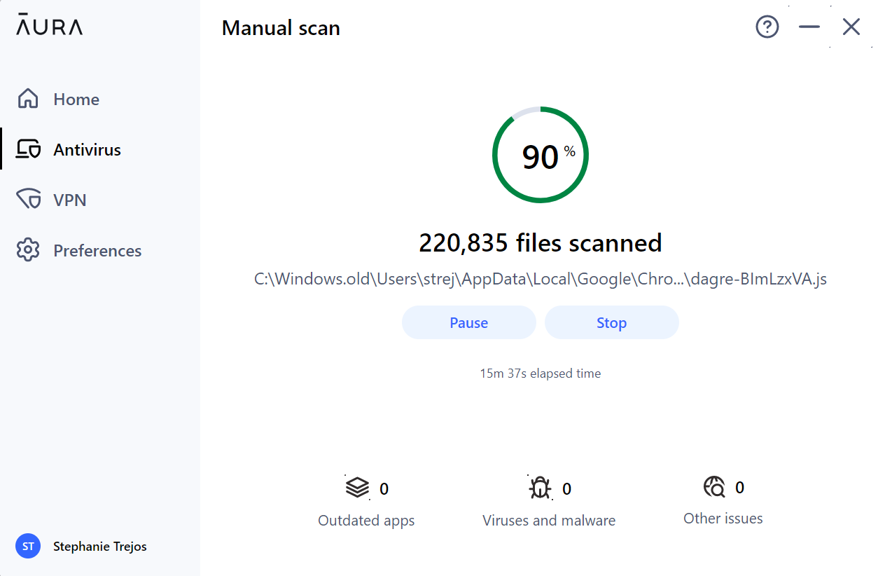 Aura Antivirus full scan in progress