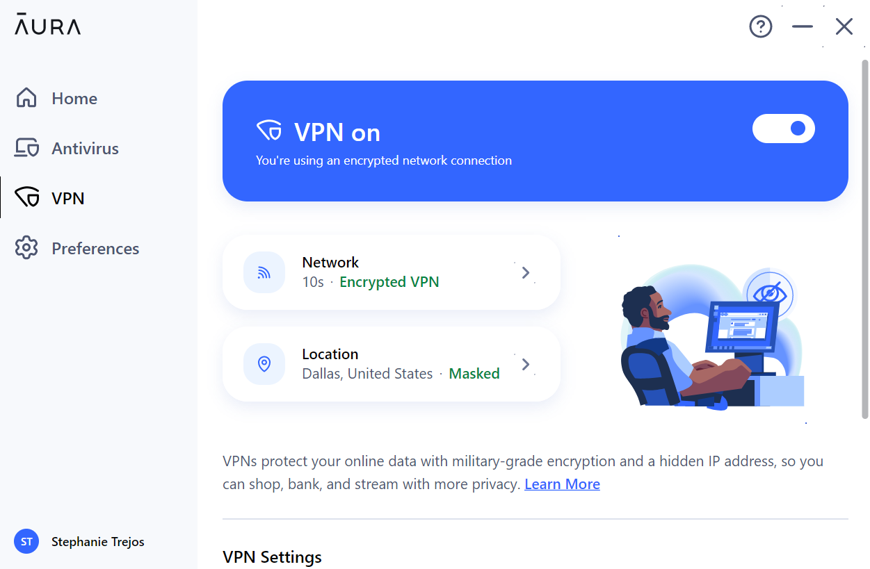 Aura Online Security app open on VPN tab