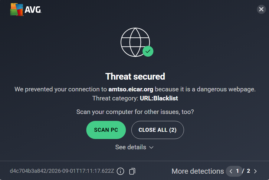 Threat secured pop-up from AVG after detecting EICAR malware test