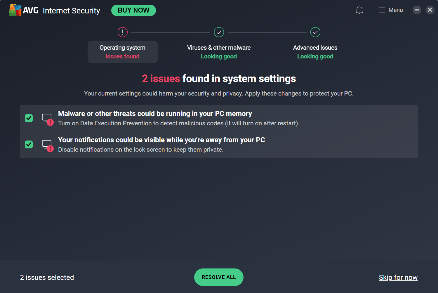 AVG Internet Security Smart Scan operating system results, flagging 2 issues found in system settings