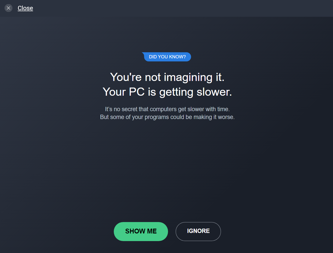 AVG upsell prompt for its tune-up services