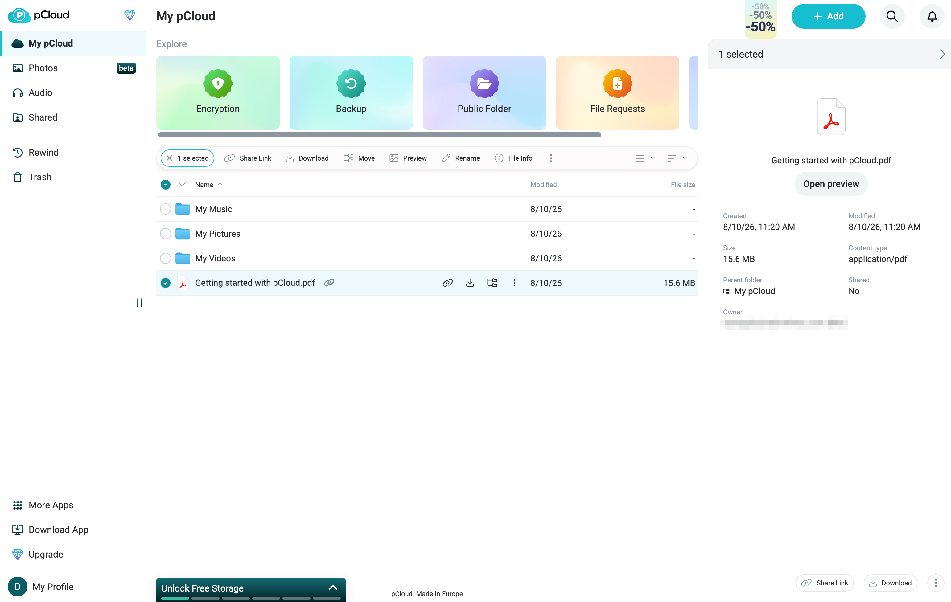 pCloud dashboard for All About Cookies
