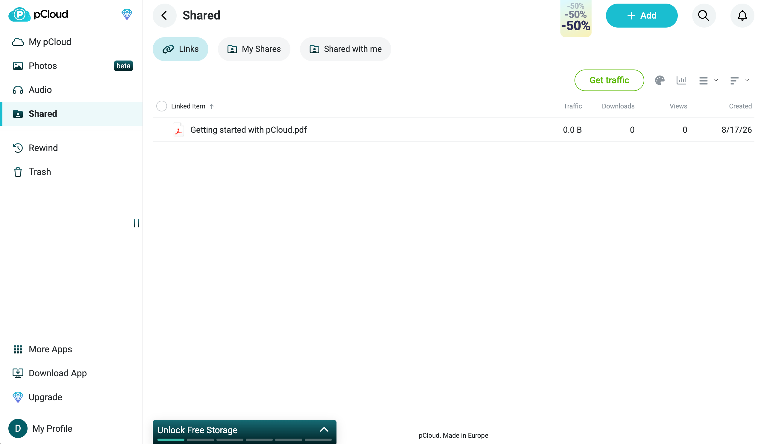 pCloud shared files dashboard