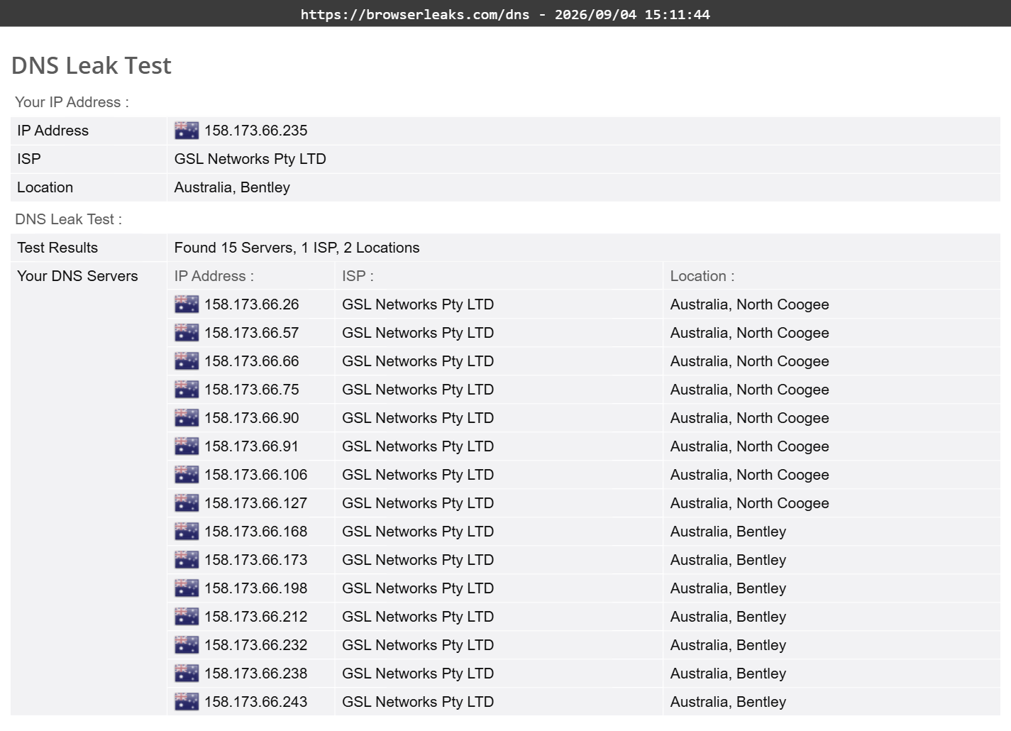 Private Internet Access's DNS leak test results (pass)