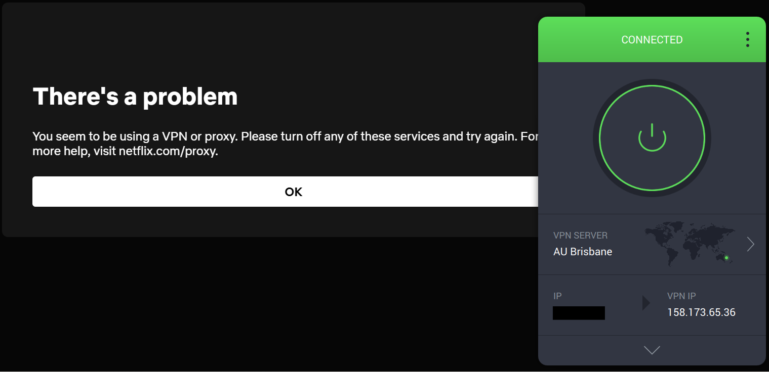 A Netflix error page flagging a VPN with Private Internet Access in the foreground