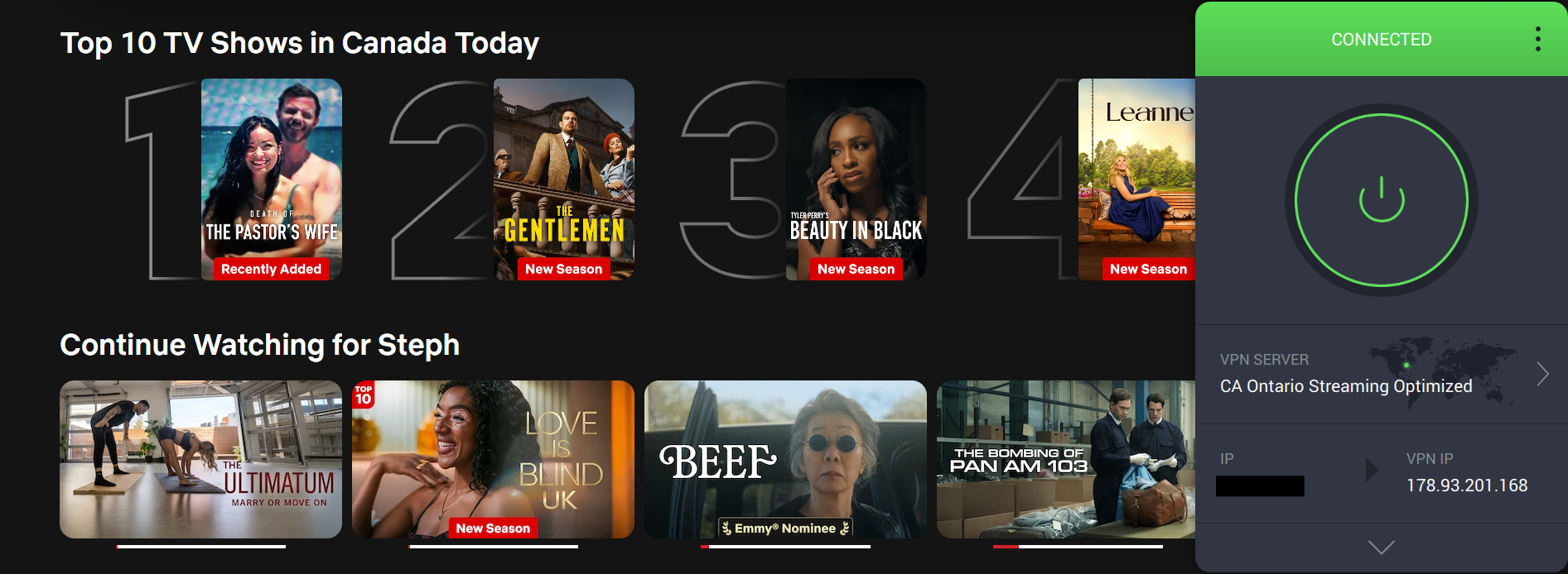 Netflix list of top shows in Canada today with Private Internet Access in the foreground