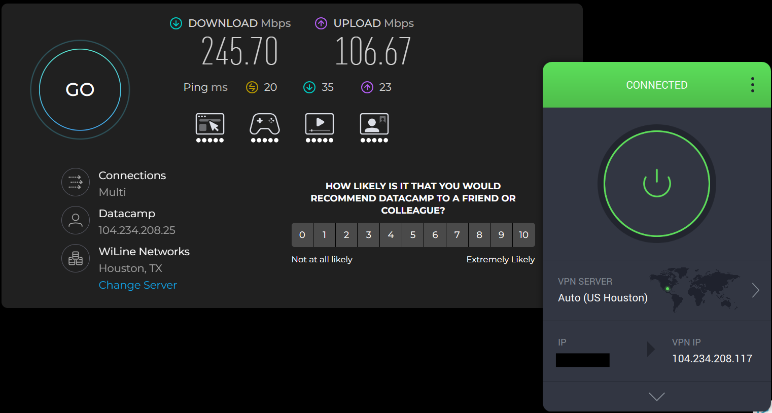 Speed test results for Private Internet Access while connected to a server in Houston, TX (245.70 download, 106.67 upload, 20 ping).