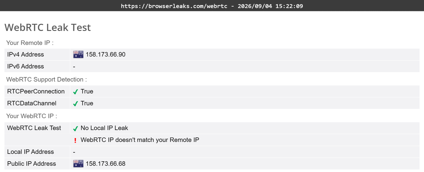 Private Internet Access's WebRTC leak test results (partial pass)