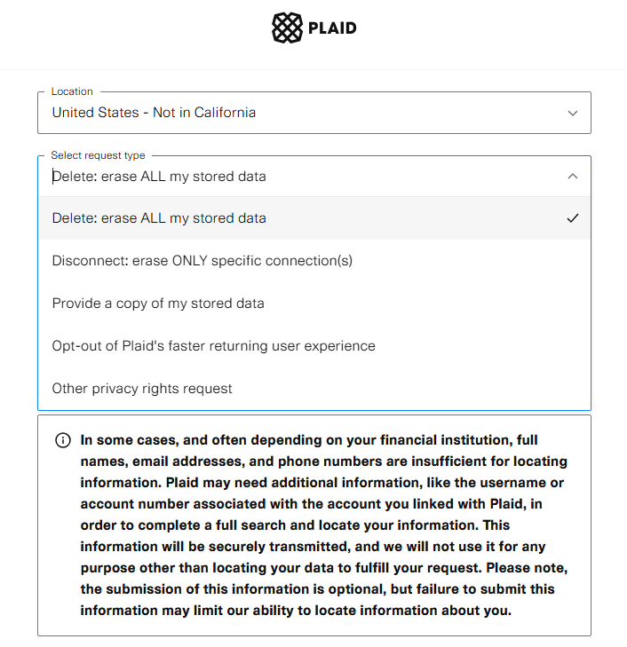 Request data deletion, request copy of stored data, and more via Plaid portal