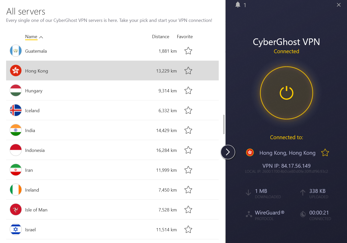 CyberGhost app showing connection to Hong Kong server