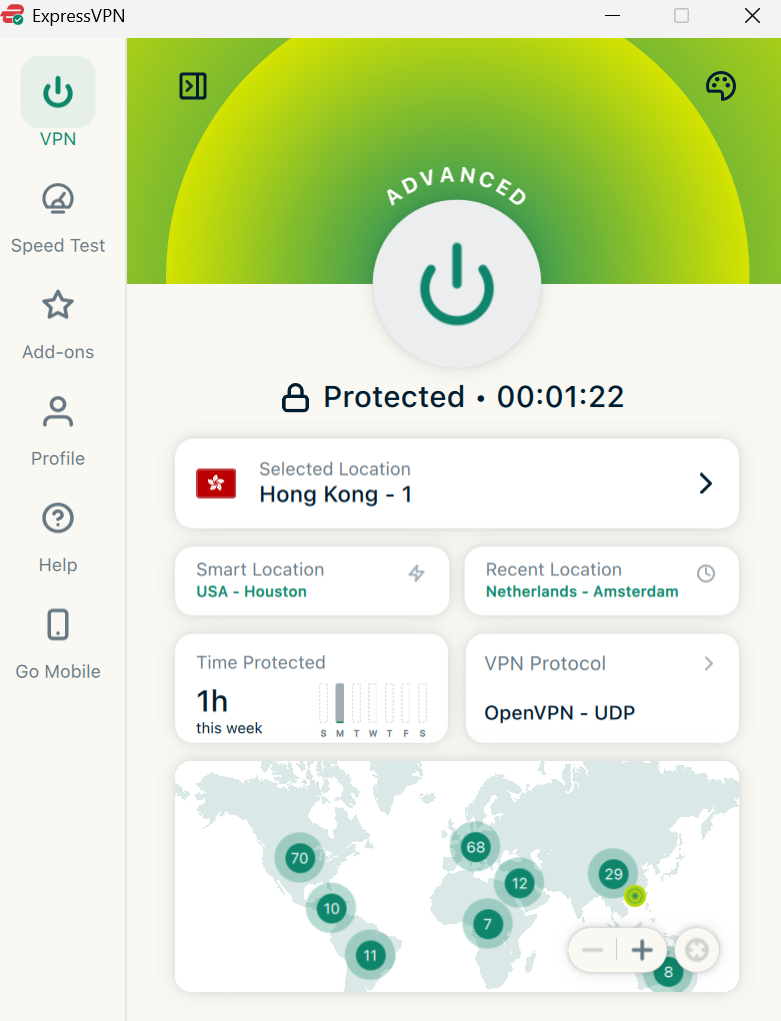 ExpressVPN desktop app showing connection to Hong Kong server