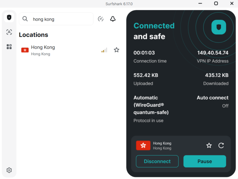 Surfshark desktop app showing connection to Hong Kong server
