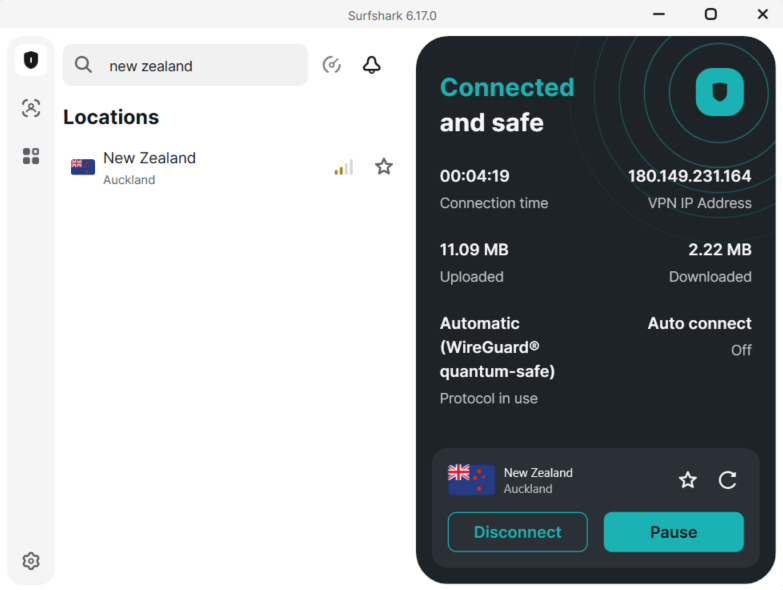 Surfshark desktop app showing connection to Auckland, New Zealand server