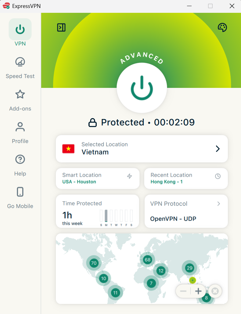 ExpressVPN desktop app showing connection to Vietnam server