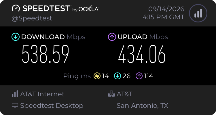 Baseline speed before testing ExpressVPN (538.59 download, 434.06 upload, 14 ping)