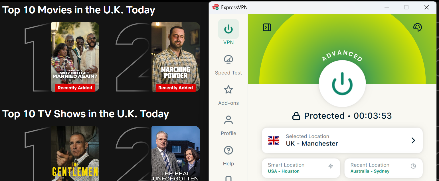 Netflix list of top shows and movies in the U.K. today with ExpressVPN in the foreground