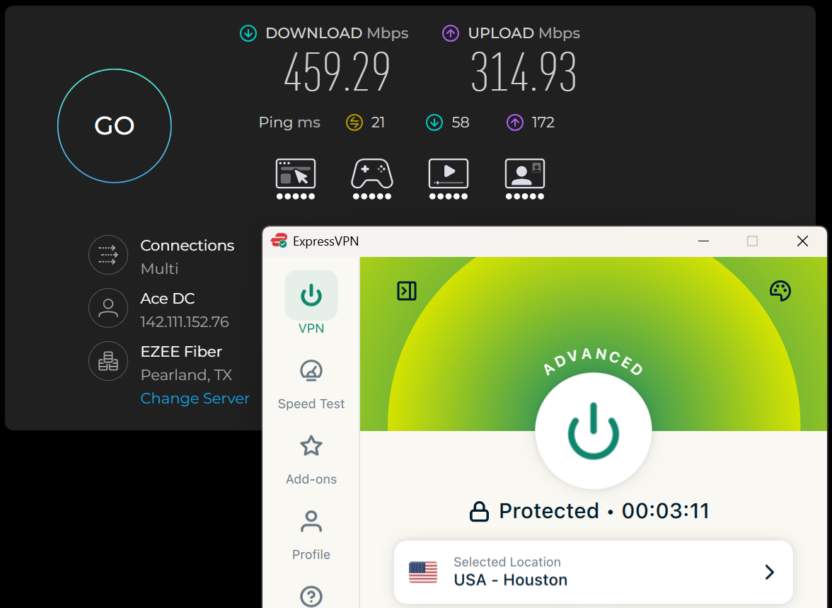 Speed test results for ExpressVPN while connected to a server in Houston, TX (459.29 download, 314.93 upload, 21 ping)