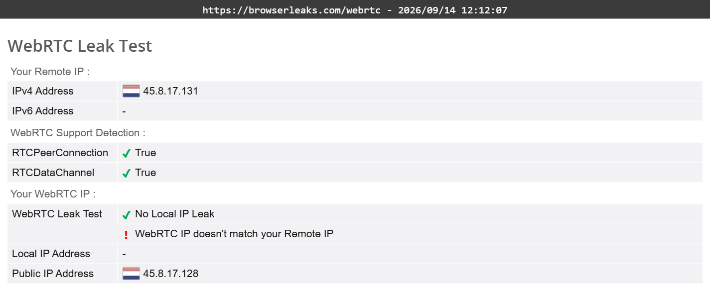 ExpressVPN's WebRTC leak test (partial pass)