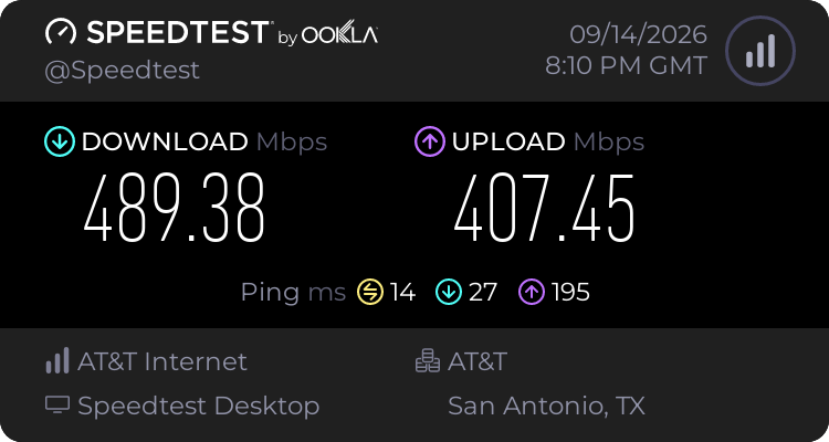Baseline speed before testing Proton VPN (489.38 download, 407.45 upload, 14 ping)