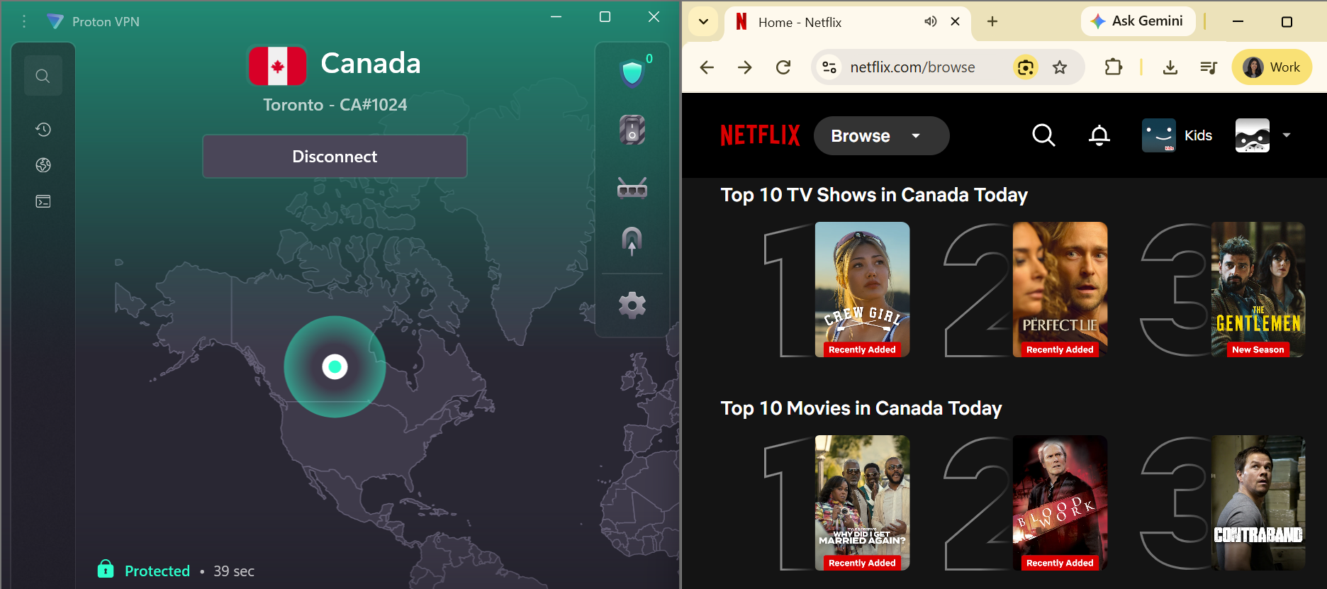 Netflix list of top shows and movies in Canada today side by side with Proton VPN