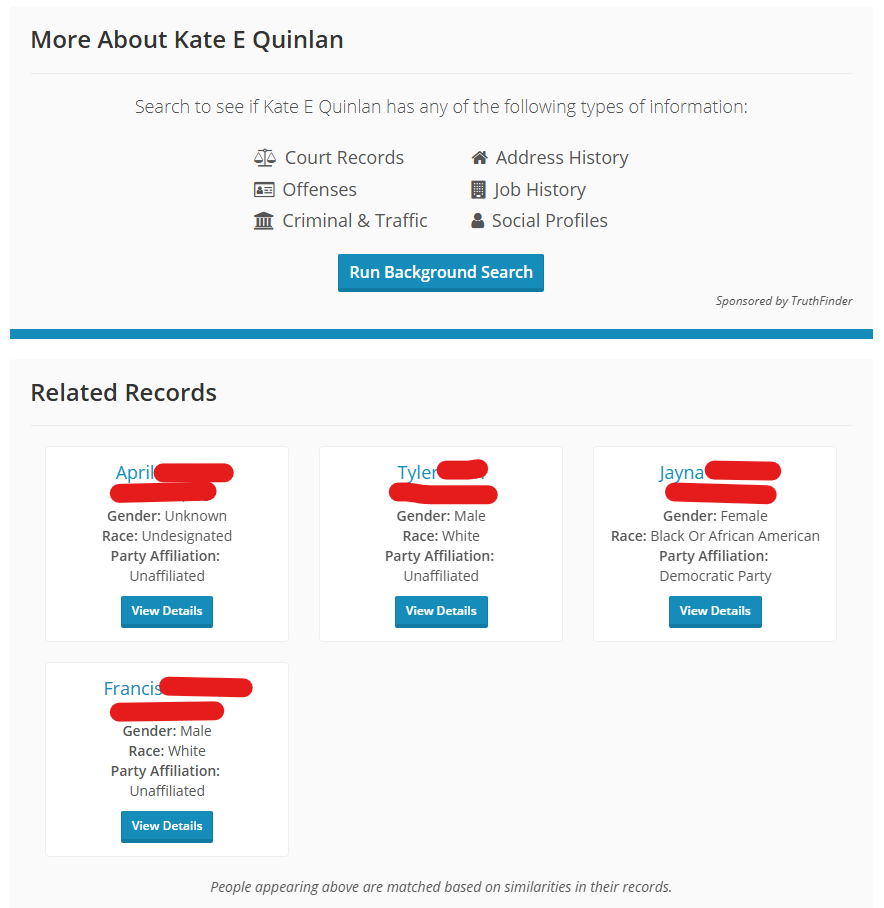 VoterRecords.com lists Related Records and promotes TruthFinder