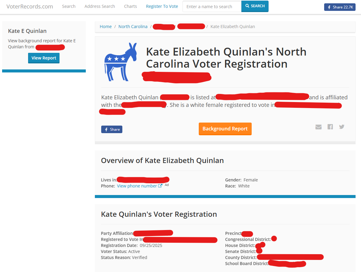 My VoterRecords.com entry, redacted September 2026
