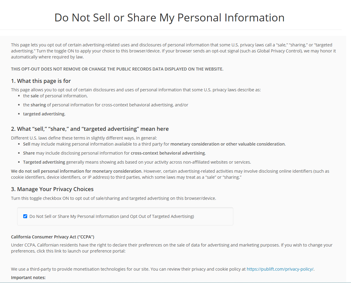 VoterRecords.com Do Not Sell or Share My Personal Information top page