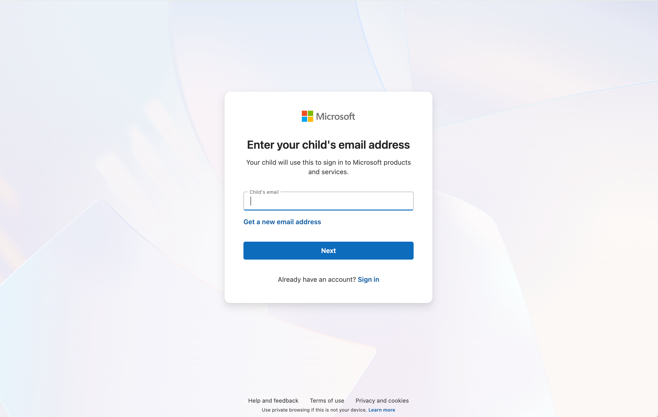 Microsoft Parental Controls create child account