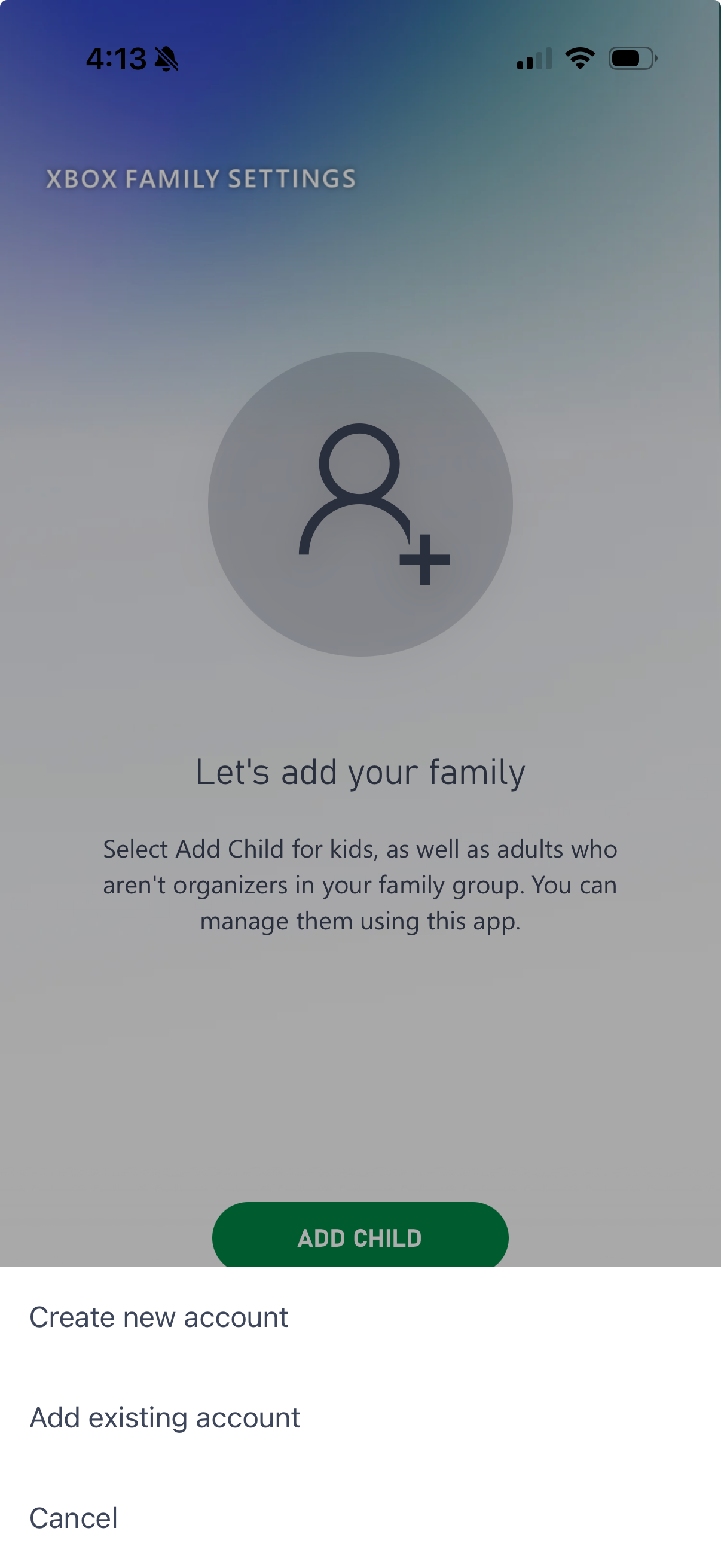 Create new account for Xbox Family Settings