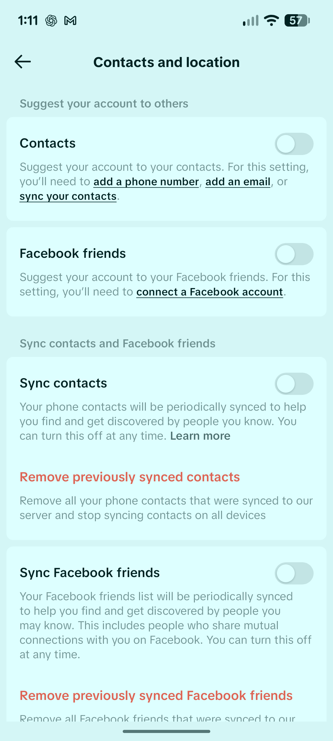 TikTok Contact Sync settings