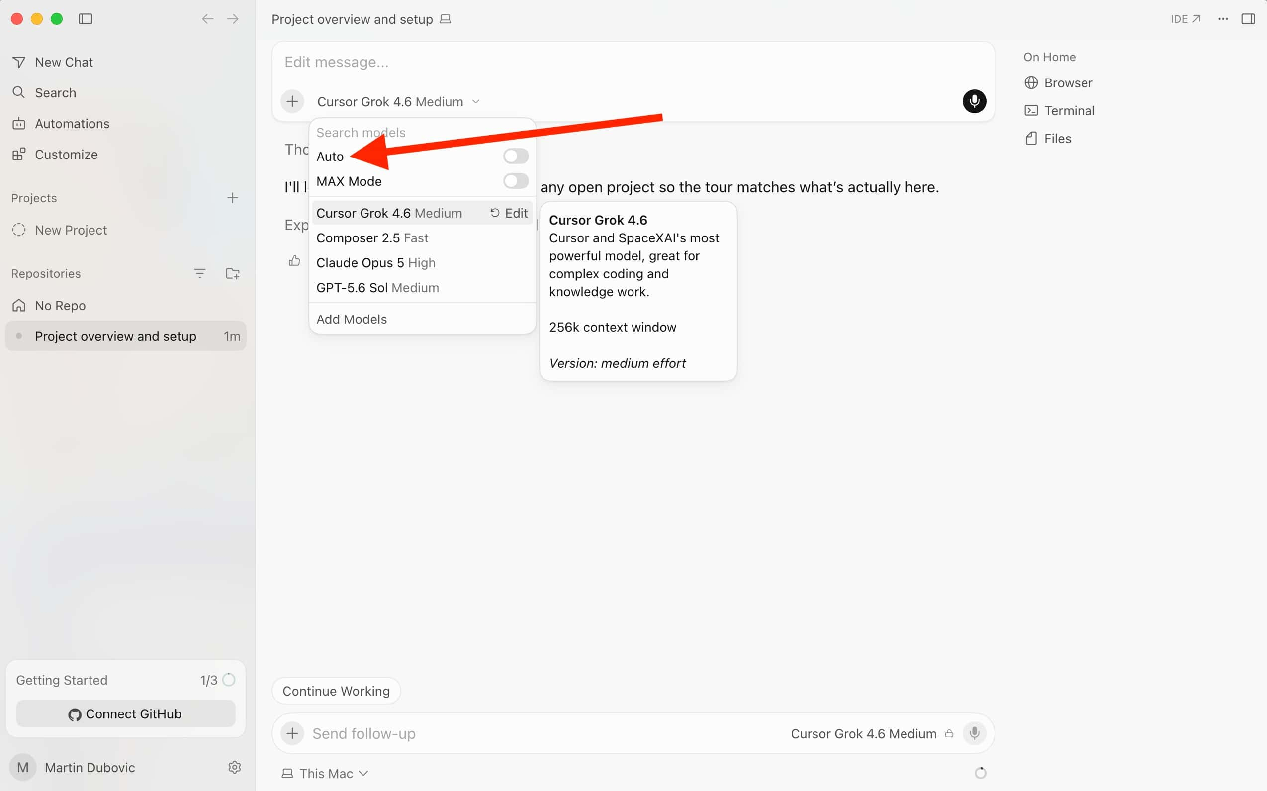 Toggle on auto mode to save money on Cursor