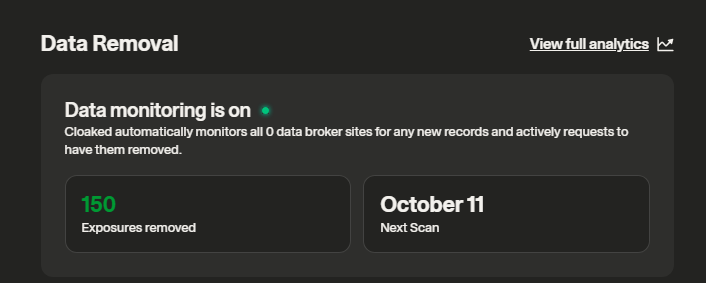 Cloaked data removal summary (150 exposures removed, October 11 next scan)